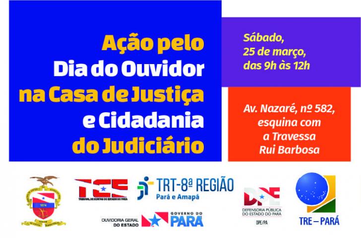 Arte gráfica nas cores azul, vermelha, lilás e branca.