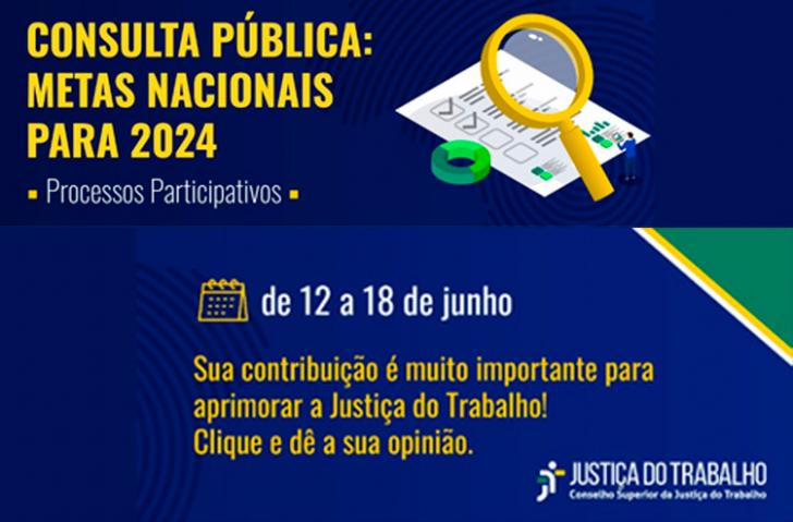 Arte gráfica com fundo azul e o seguinte texto centralizado: Consulta Pública. Metas Nacionais para 2024.
