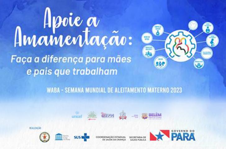 Arte gráfica com fundo azul. Acima, o texto "Apoie a amamentação: Faça a diferença para mães e pais que trabalham" na cor branca