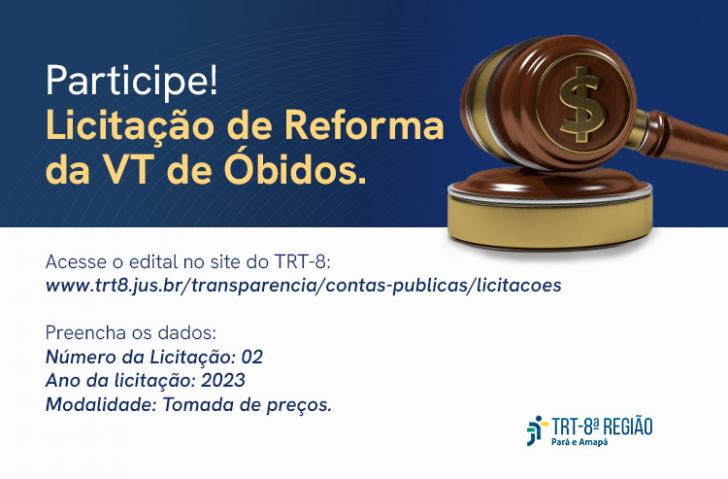 arte gráfica nas cores azul e branca com a frase: Participe! Licitação de Reforma da vt de óbidos, na cor amarela.