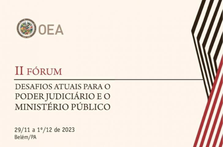 Arte gráfica com fundo claro. Ao lado direito, grafismos em preto e vermelha. Ao lado esquerdo, a logo da OEA.