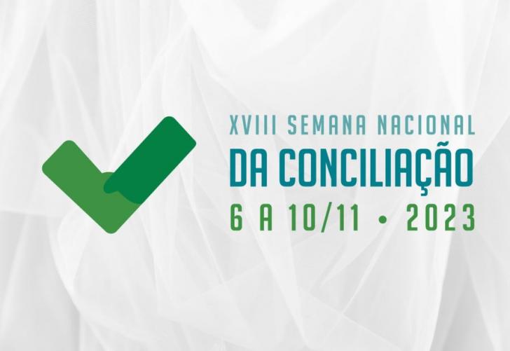 Arte gráfica em fundo branco com um "check" em verde, ao lado os dizeres "XVIII Semana Nacional da Conciliação - 6 a 10/11, 2023