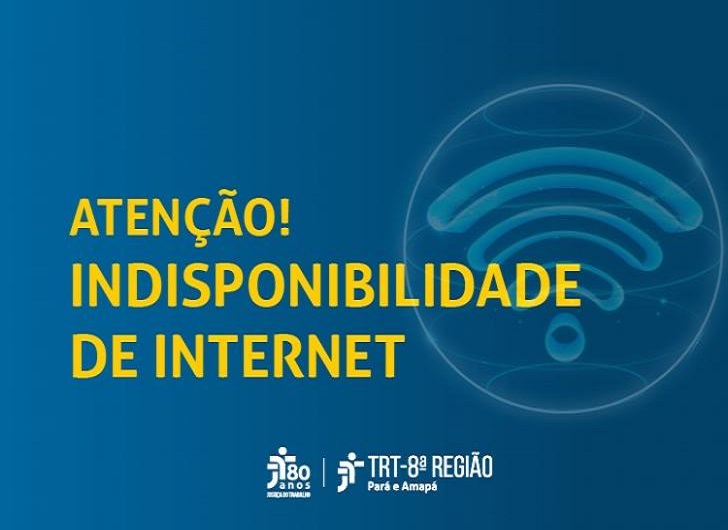 Arte na cor azul com letras amarelas com o texto: Atenção! Indisponibilidade de Internet. Na arte aparece um símbolo de wifi e a