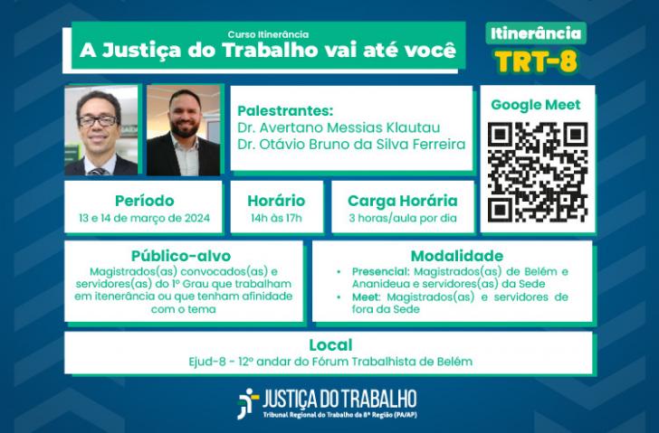 Arte gráfica com fundo azul. À esquerda, uma faixa na cor verde com o texto 'curso Itinerância' e abaixo 'Justiça do Trabalho va