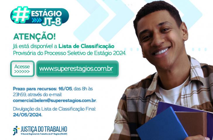 Arte gráfica do processo seletivo de estágio da JT8, com prazos e datas das listas de selcionados.