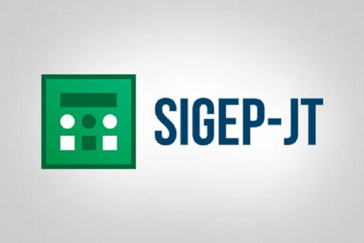 Arte gráfica nas cores branco, azul e verde. Texto: SIGEP-JT