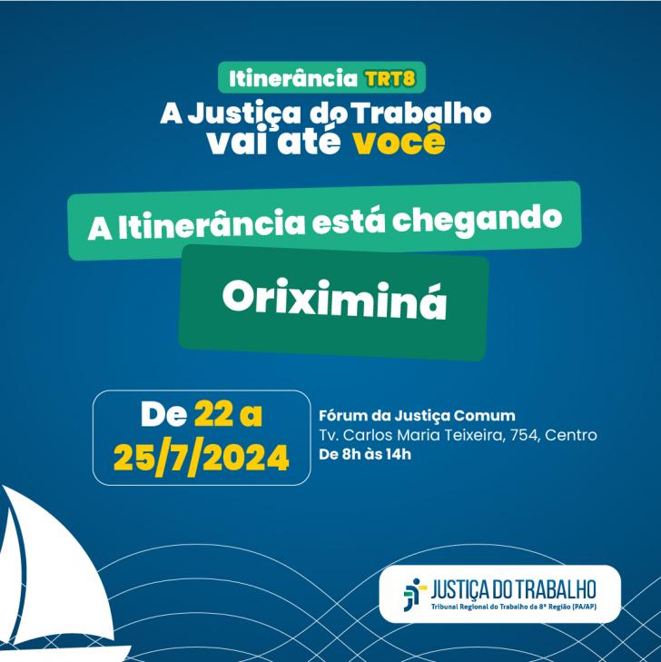 Arte gráfica nas cores azul, branco, verde e amarelo. Na parte de cima o texto: Itinerância TRT-8.