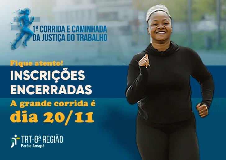 #ParaTodosVerem: Arte gráfica nas cores azul, branco e amarelo. No card, o texto: 1ª Corrida e Caminhada da Justiça do Trabalho.
