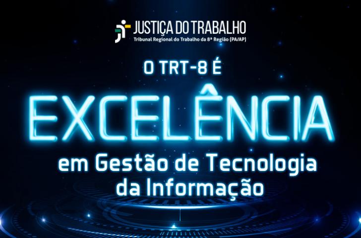  Arte gráfica nas cores azul e preto. No topo a logo da Jusitça do Trabalho. Abaixo, o texto: O TRT-8 é Excelência em Gestão de 