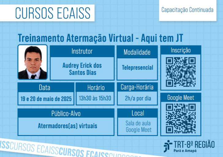 #ParaTodosVerem: Arte gráfica nas cores azul e branco. No card, o texto: Curso Ecaiss: Treinamento Atermação Virtual - Aqui tem