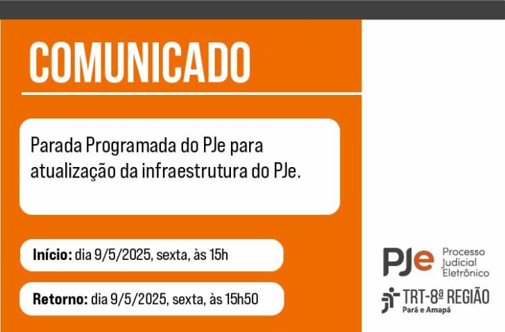 Arte gráfica nas cores branca e laranja com informações contidas no texto. No rodapé do lado direito, a logo do PJe e do TRT-8