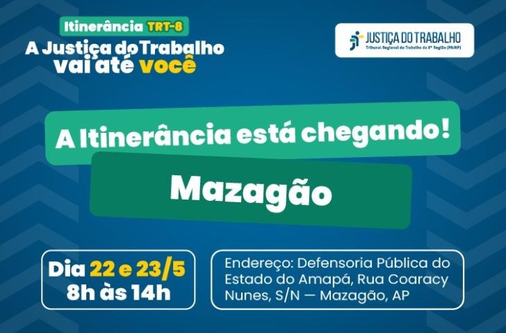 Arte gráfica com fundo azul com texto na parte superior da imagem: Itinerância TRT-8, A justiça do Trabalho vai até você