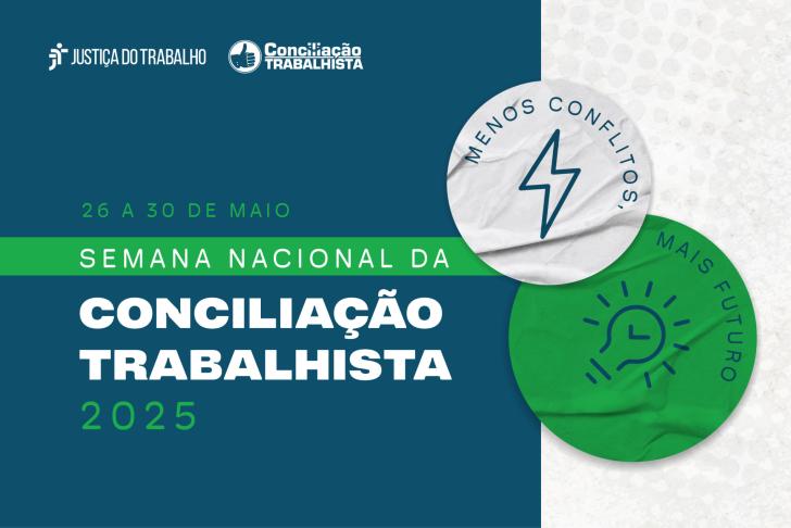 #ParaTodosVerem: Arte gráfica com fundo azul e branco. No topo, a logo da Justiça do Trabalho. Abaixo, o texto: Semana Nacional