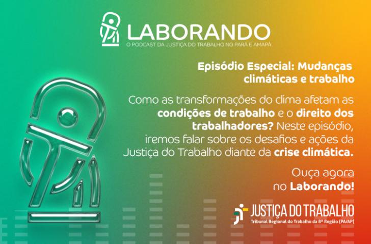 #ParaTodosVerem: Arte gráfica colorida de um microfone. No card, o texto: Laborando. O podcast da Justiça do Trabalho no Pará e