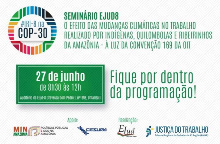 #ParaTodosVerem: Arte gráfica na cor branca. A esquerda logo colorida TRT-8 na COP, logo a baixo a data de realização do evento,