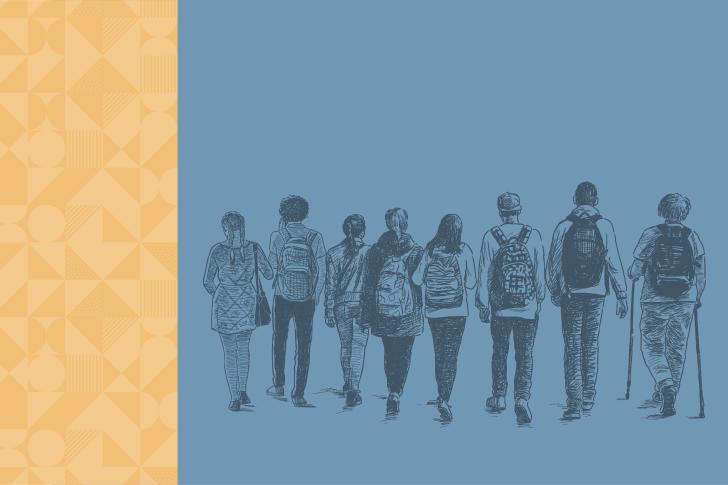 Arte gráfica nas cores amarelo e azul com pessoas no fundo.