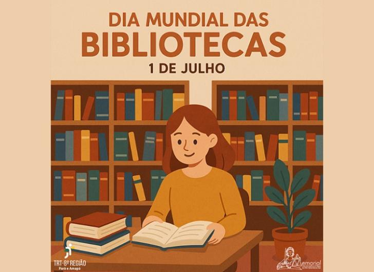 Arte gráfica. Uma mulher lê um livro sentada à mesa de uma biblioteca. Há diversas estantes com livros ao fundo.