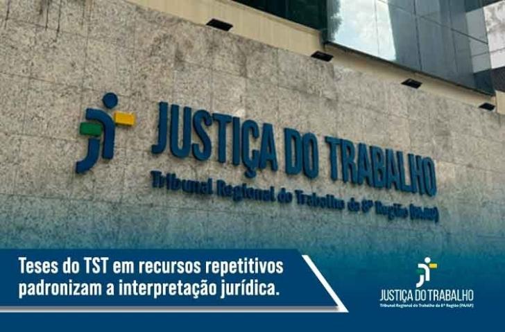 Arte colorida com a fachada do Tribunal e frase sobre as teses jurídicas do TST.