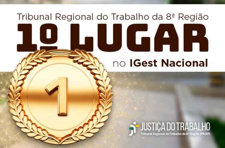Arte gráfica com as cores amarela e marrom, do lado esquerdo, uma medalha com o número 1. O texto: Tribunal Regional do Trabalho