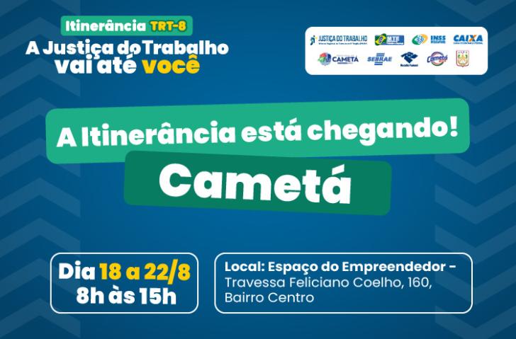 #ParaTodosVerem: Arte gráfica nas cores azul, verde, branco e amarelo. Na parte superior o texto: Itinerância TRT-8. A Justiça d