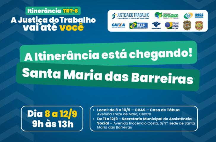 Arte gráfica com fundo azul contendo informações sobre a itinerância de Setembro que será realizada em Santa Maria das Barreiras
