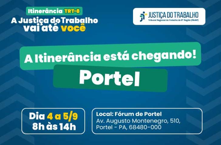 #ParaTodosVerem: Arte gráfica com fundo azul contendo informações sobre a itinerância de Setembro que será realizada em Portel e