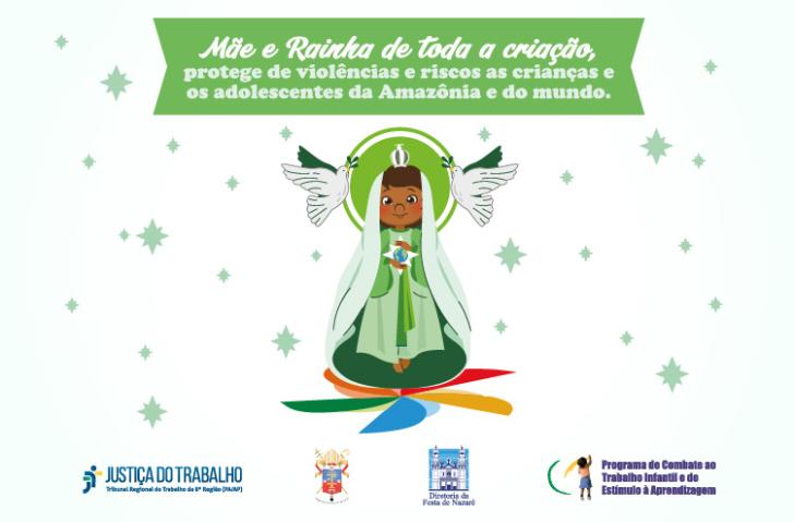 Arte gráfica nas cores branca e verde, centralizada o ícone da Mariazinha, símbolo da campanha do Círio 2025