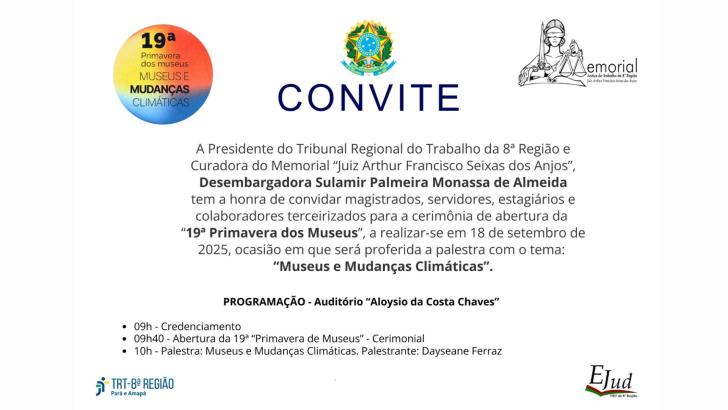 Arte gráfica com fundo branco contendo a frase "19ª Primavera dos Museus" e abaixo a programação do evento, horário, local e ent