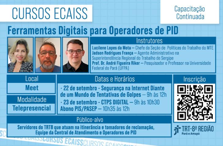 Arte gráfica contendo a frase "Cursos Ecaiss" e informações como horário, data, modalidade e entre outros