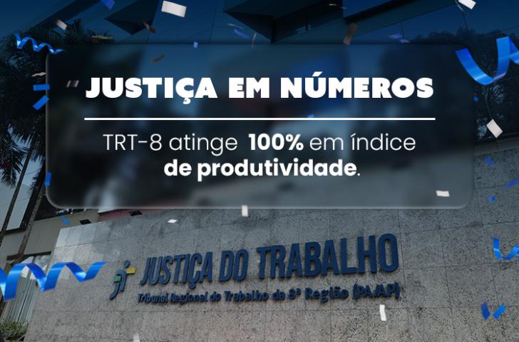 Arte gráfica mostrando a fachada do TRT-8 em um fundo azul e as informações de que o tribunal alcançou 100% de produtividade.