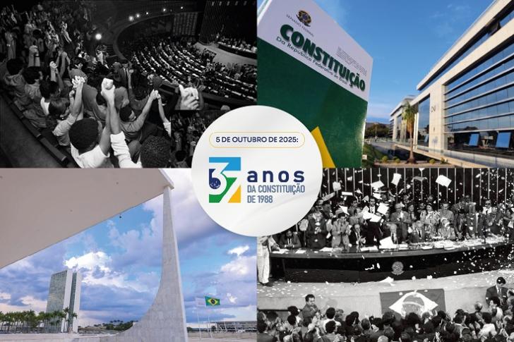 #ParaTodosVerem: Arte contendo 4 tipos de fotos, duas em preto e branco e duas coloridas, no centro o selo de 37 anos da constit