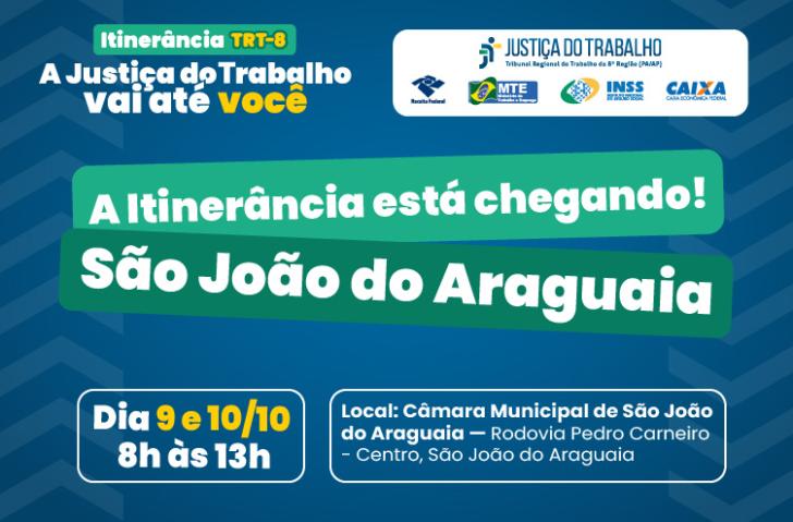  Arte gráfica com fundo azul com a frase "A itinerância está chegando em São João do Araguaia" com data 09 e 10/10 e informações