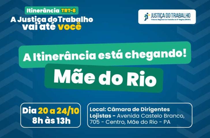 #ParaTodosVerem: Arte gráfica com fundo azul com a frase "A itinerância está chegando em Mãe do Rio" com a data 20 e 24/10, loca