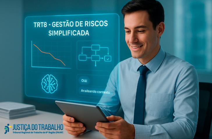 #ParaTodosVerem: Arte gráfica com fundo azul, centralizado, um homem branco usando roupas sociais e mexendo em um tablete.