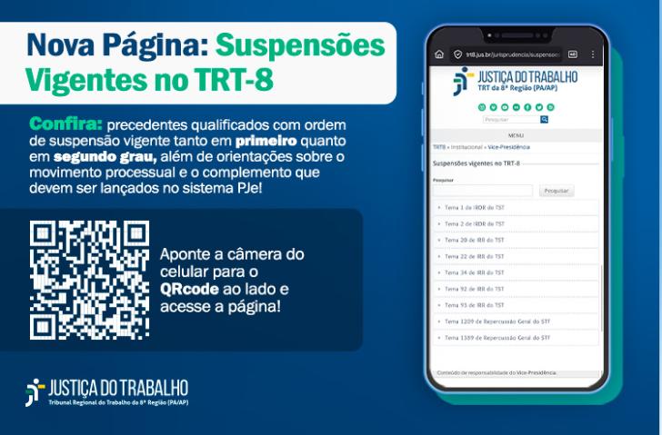 #ParaTodosVerem: arte gráfica nas cores branco, azul e verde. No lado esquerdo, o texto "Nova Página: Suspensões Vigentes no TRT