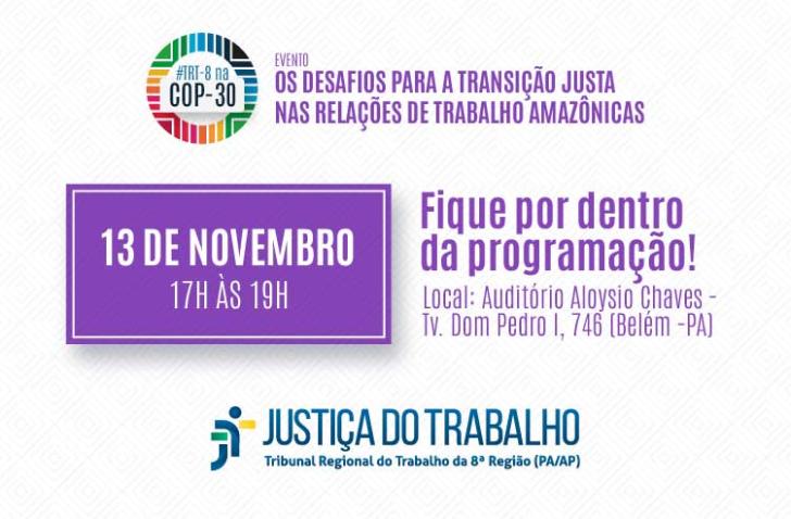 #ParaTodosVerem Arte gráfica nas cores branco e lilás. No topo a logo TRT na COP e infromações contidas no texto