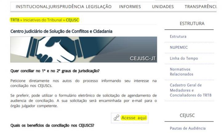 Captura de tela da página do CEJUSC no portal do TRT8