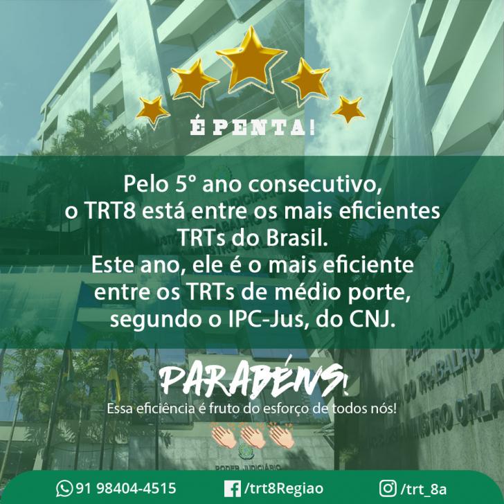 Arte com a fachada do tribunal com um fundo verde sobreposto. Parabeniza a todos que contribuem para eficiência do TRT8.