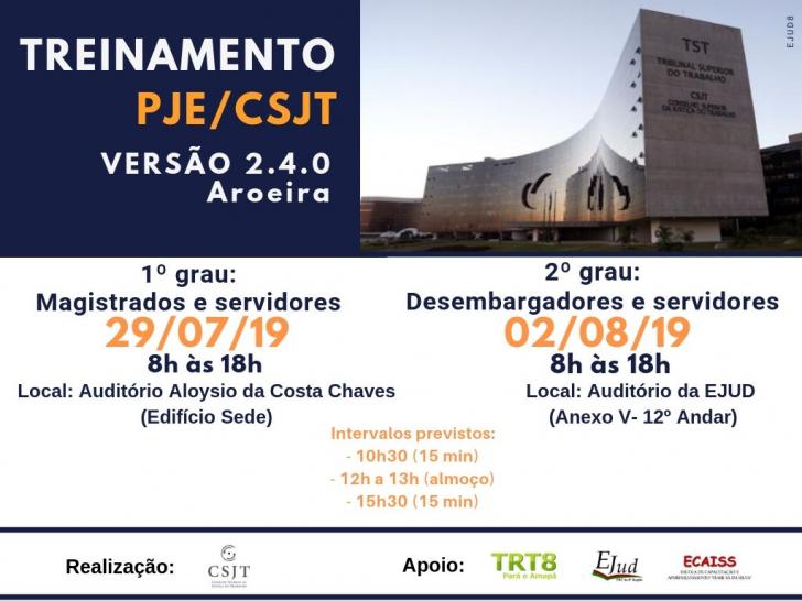 Faixada do TST com as informações do treinamento do PJE Aroeira
