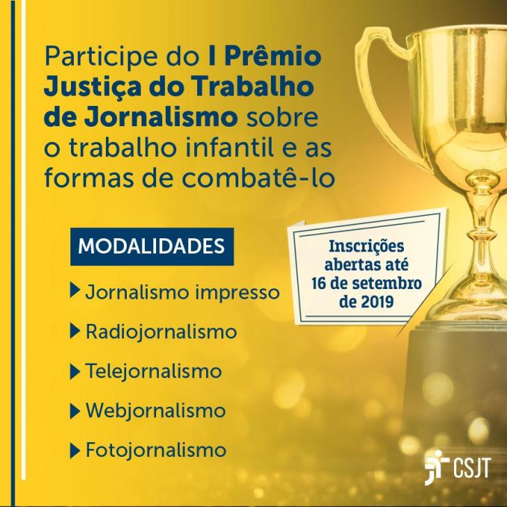 Arte com fundo amarelo do I Prêmio Justiça do Trabalho de Jornalismo com um troféu