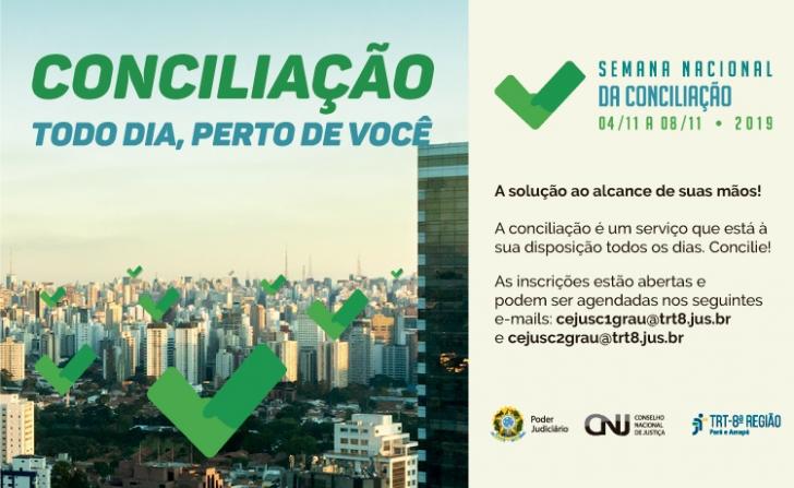 Na foto: Informações sobre a campanha de conciliação, ao lado, foto de prédios com o símbolo de verificado sobre, na cor verde.
