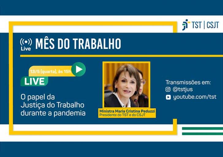 Arte em azul e amarelo com uma foto da Ministra Maria Cristina Peduzzi