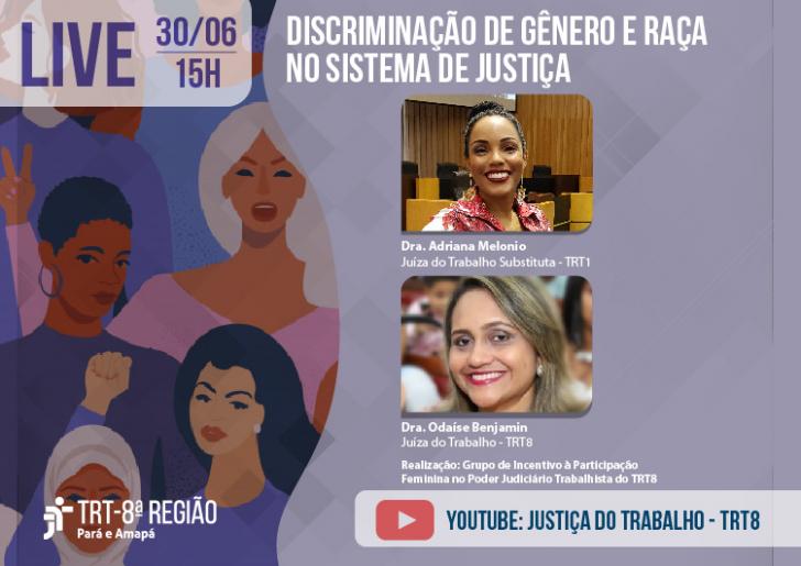 ARTE: Figuras de mulheres no canto esquerdo e fotos das juízas do trabalho que participarão da live. Fundo da imagem é roxo.