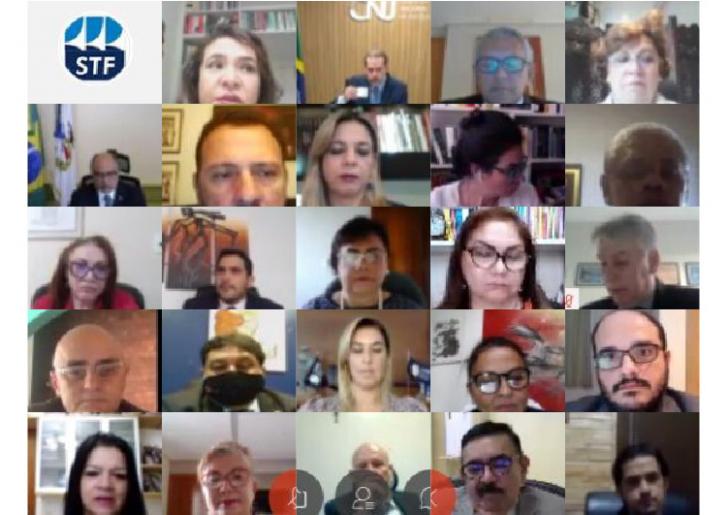 Mosaico com capturas de tela de participantes da reunião.