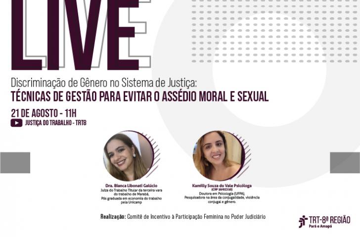 Arte em branco com detalhes cinza e informações do texto. Ao meio, em doi circulos paralelos, a foto das participantes da live.