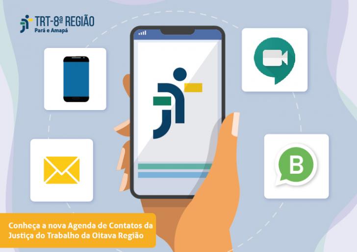 arte com a mão de uma pessoa segurando o celular e na tela escrito JT8. Em volta ícones de celula, mensagem, google meets e what