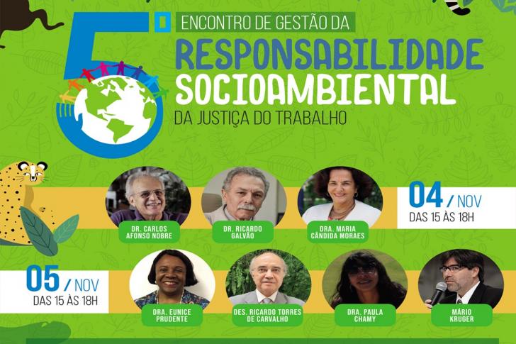 ARTE: Em verde com alguns animais e desenhos sobre sustentablidade e fotos dos palestrantes da live