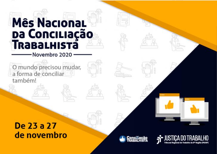 Arte nos tons laranja, preto e branco. Símbolos da Justiça na parte branca. Logos da JT8 e Conciliação.