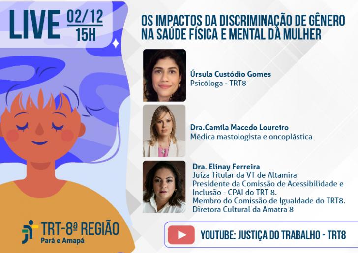 Arte: à esquerda, ilustração colorida de figura feminina e à direita fotos das 3 palestrantes em fundo branco.