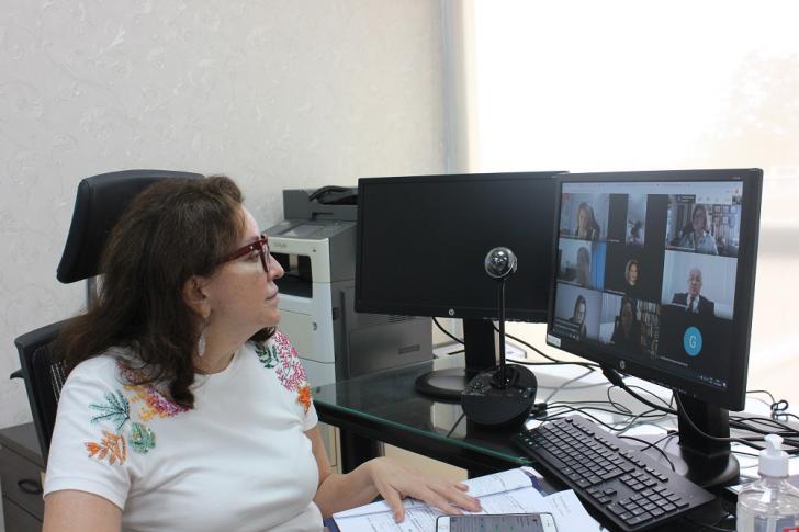 Presidente do Tribunal sentada em sua mesa, olhando para a tela do computador.
